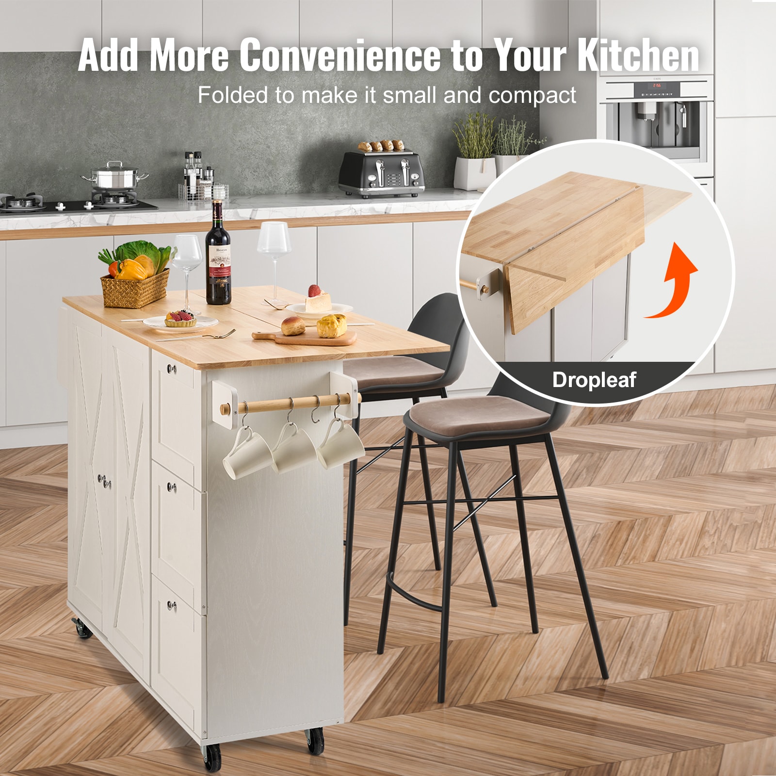 Kitchen Island With Solid Wood Top And Storage Cabinet On Wheels_voghion.com